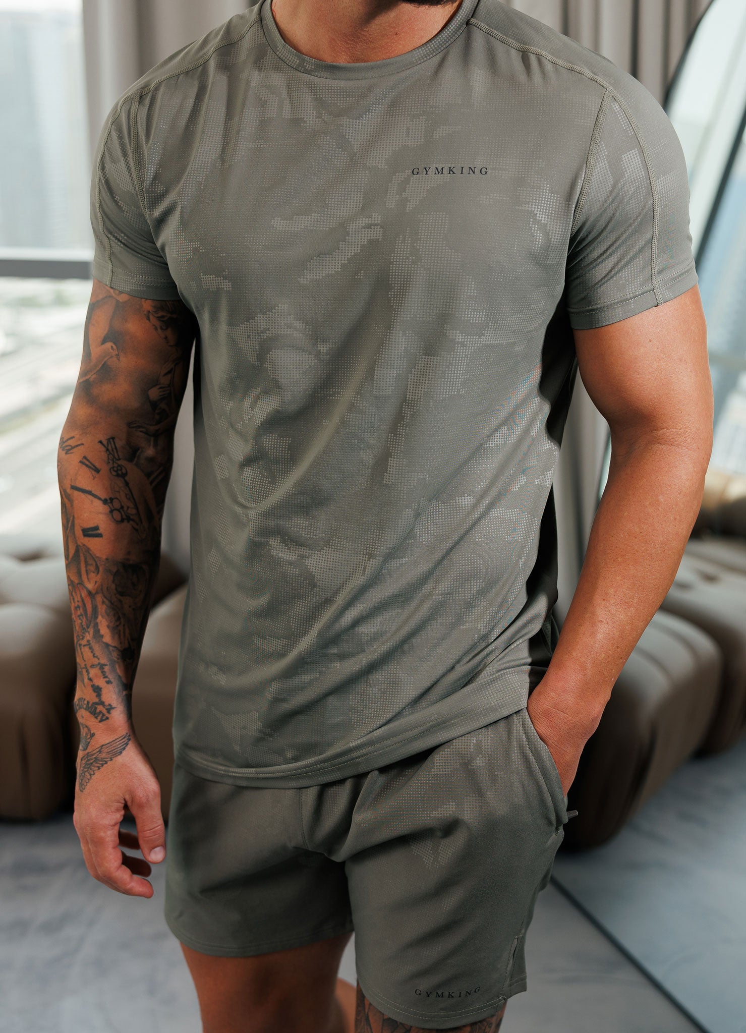 Gym King Debossed Camo Tee - Olive