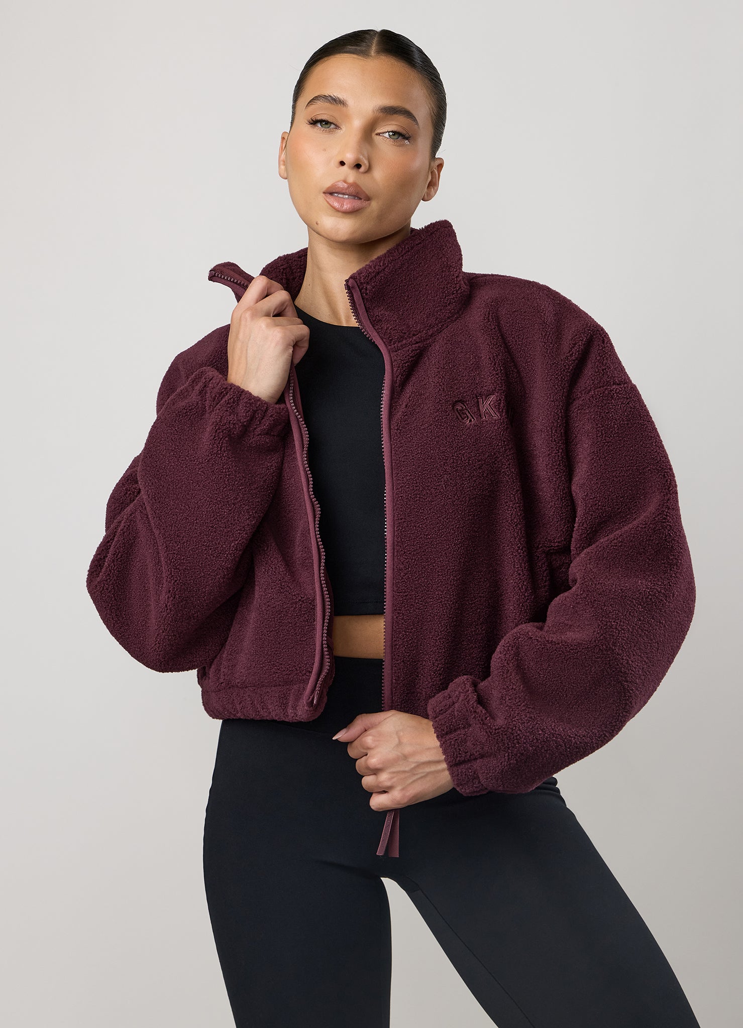 Gym King Cropped Borg Full Zip - Vibrant Fig