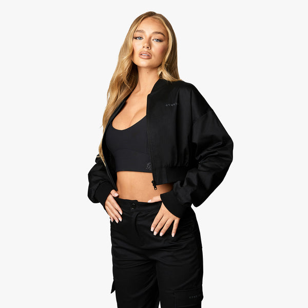 Gym King Cropped Woven Bomber - Black