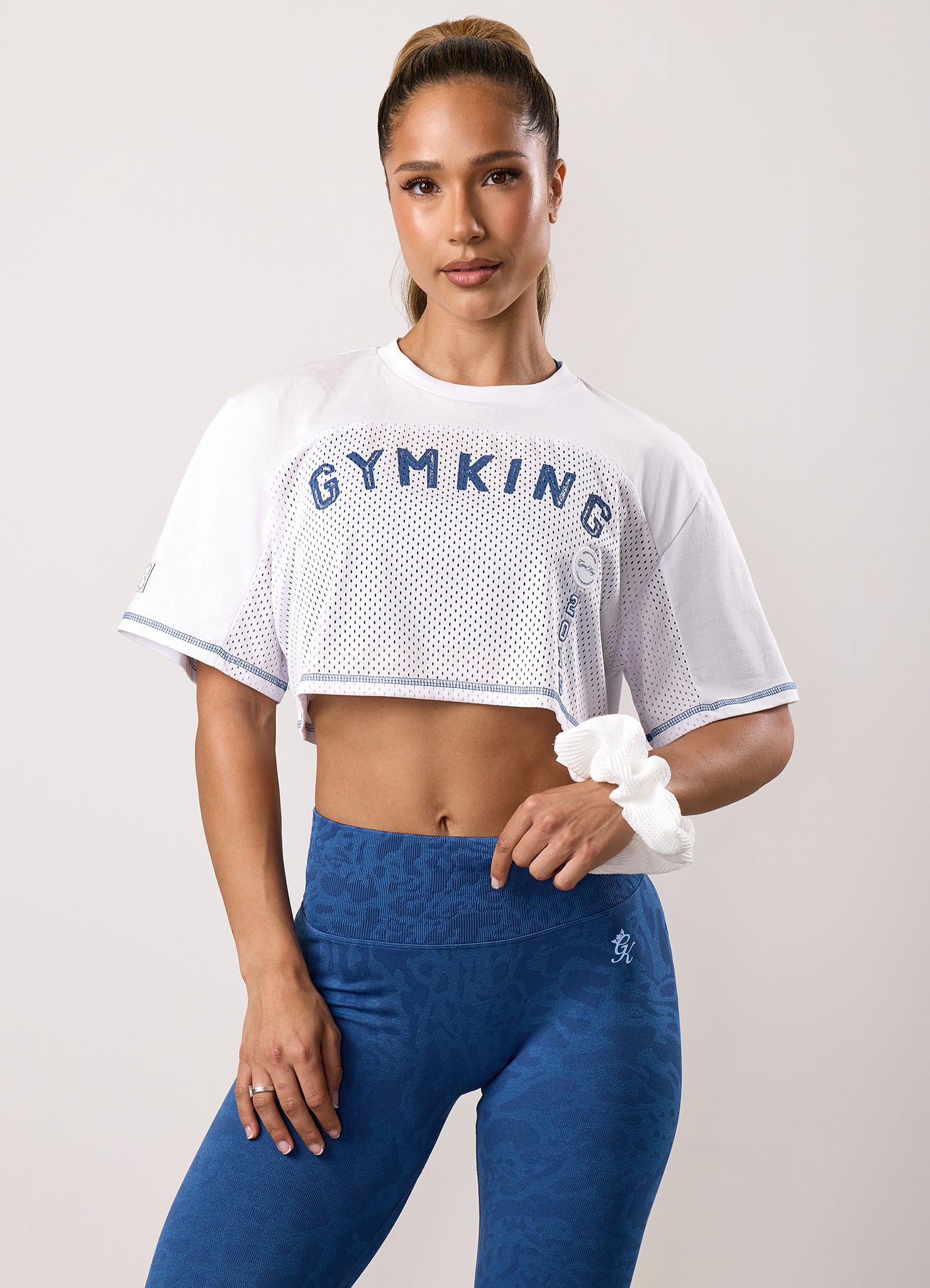 Gym King Limitless Crop Mesh Tee - White/Blue