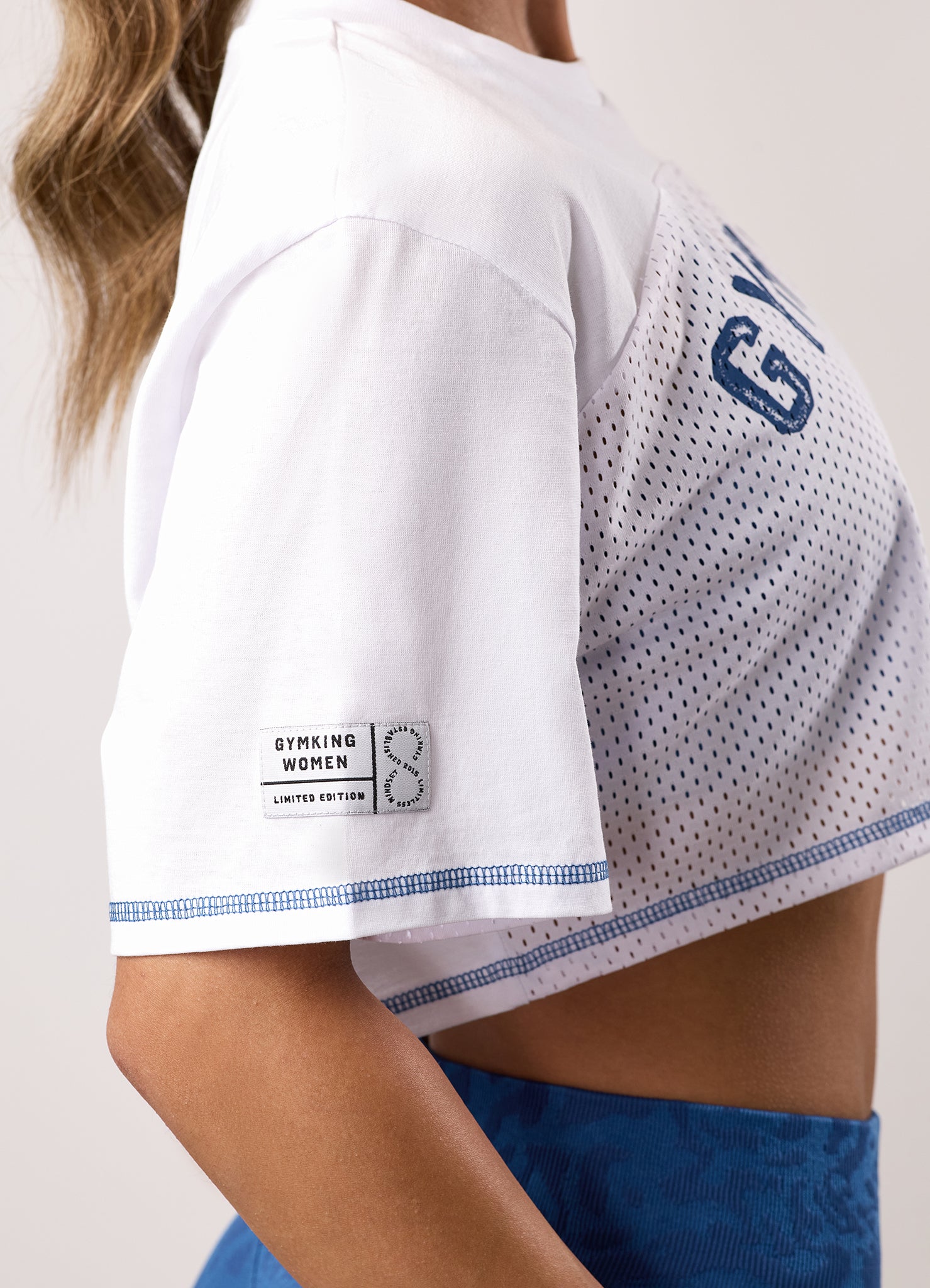 Gym King Limitless Crop Mesh Tee - White/Blue