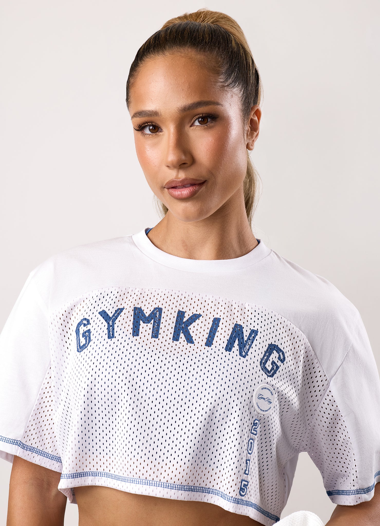 Gym King Limitless Crop Mesh Tee - White/Blue