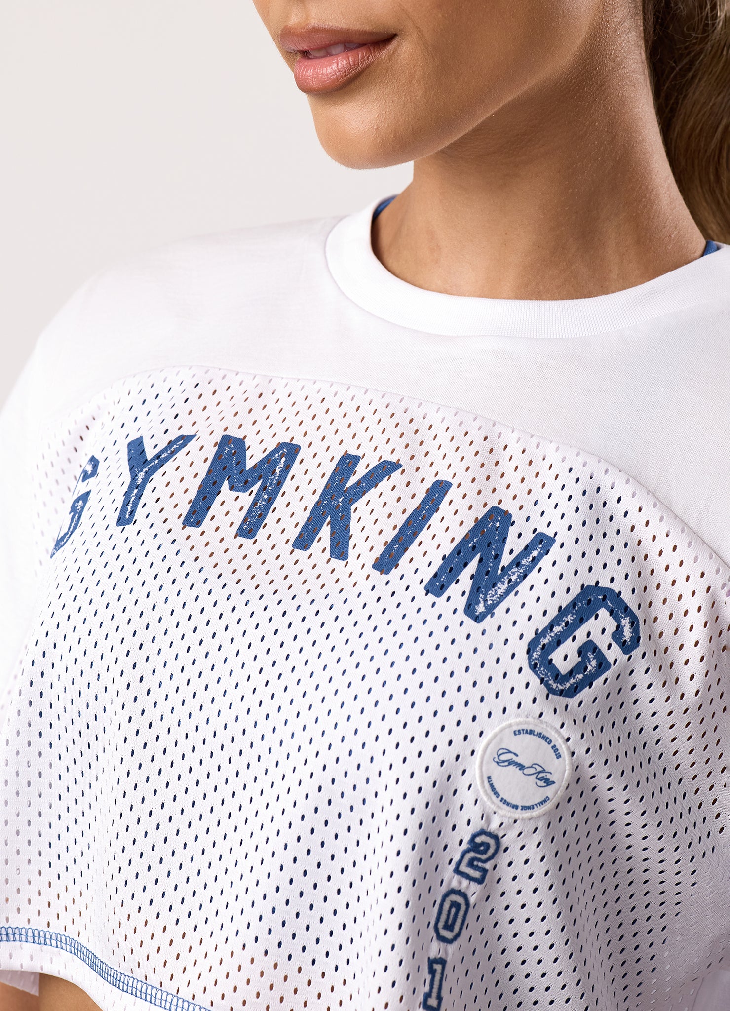 Gym King Limitless Crop Mesh Tee - White/Blue