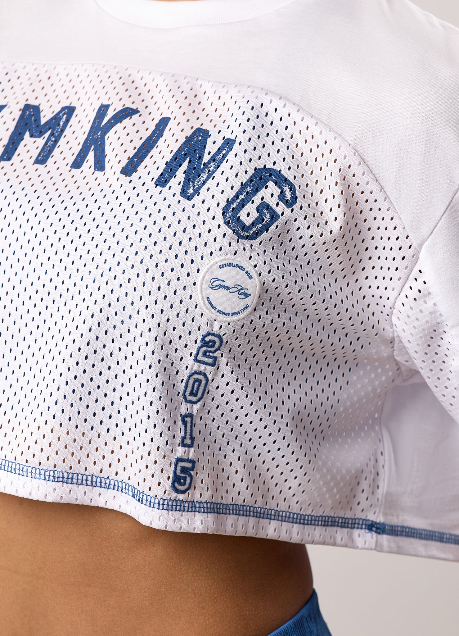 Gym King Limitless Crop Mesh Tee - White/Blue