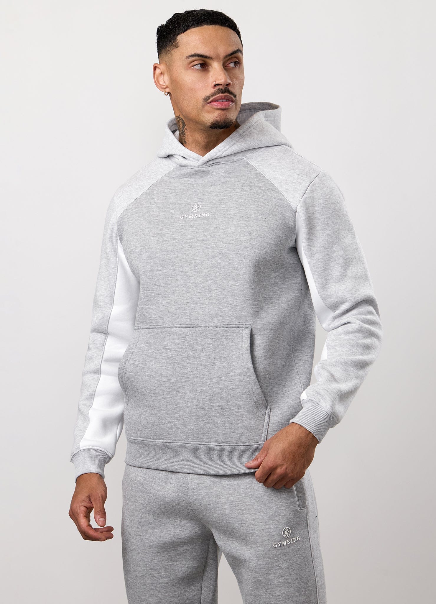 Gym King Power Colour Block Fleece Hoodie - Light Grey/Snow Marl/White