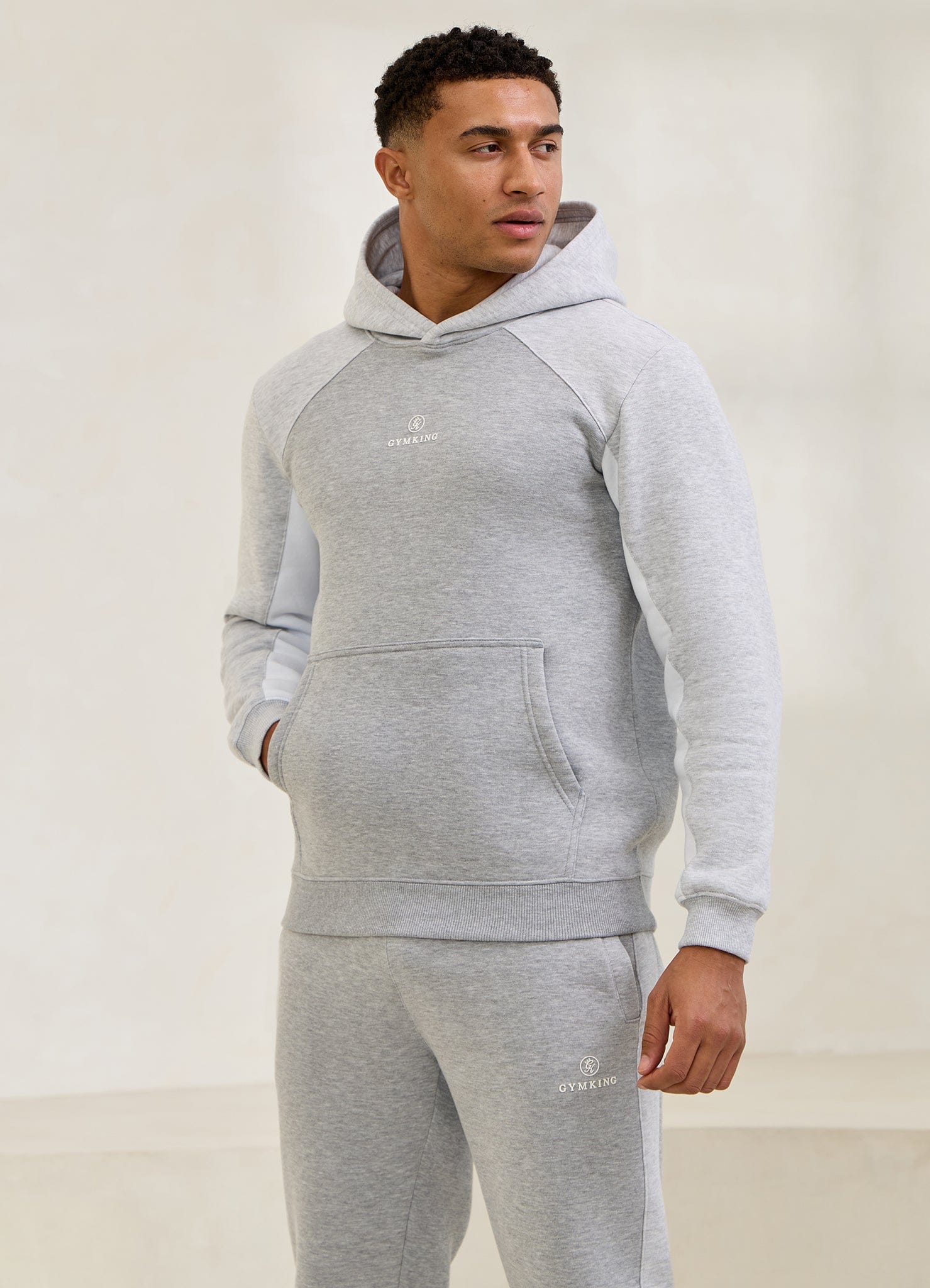 Gym King Power Colour Block Fleece Hoodie - Light Grey/Snow Marl/White