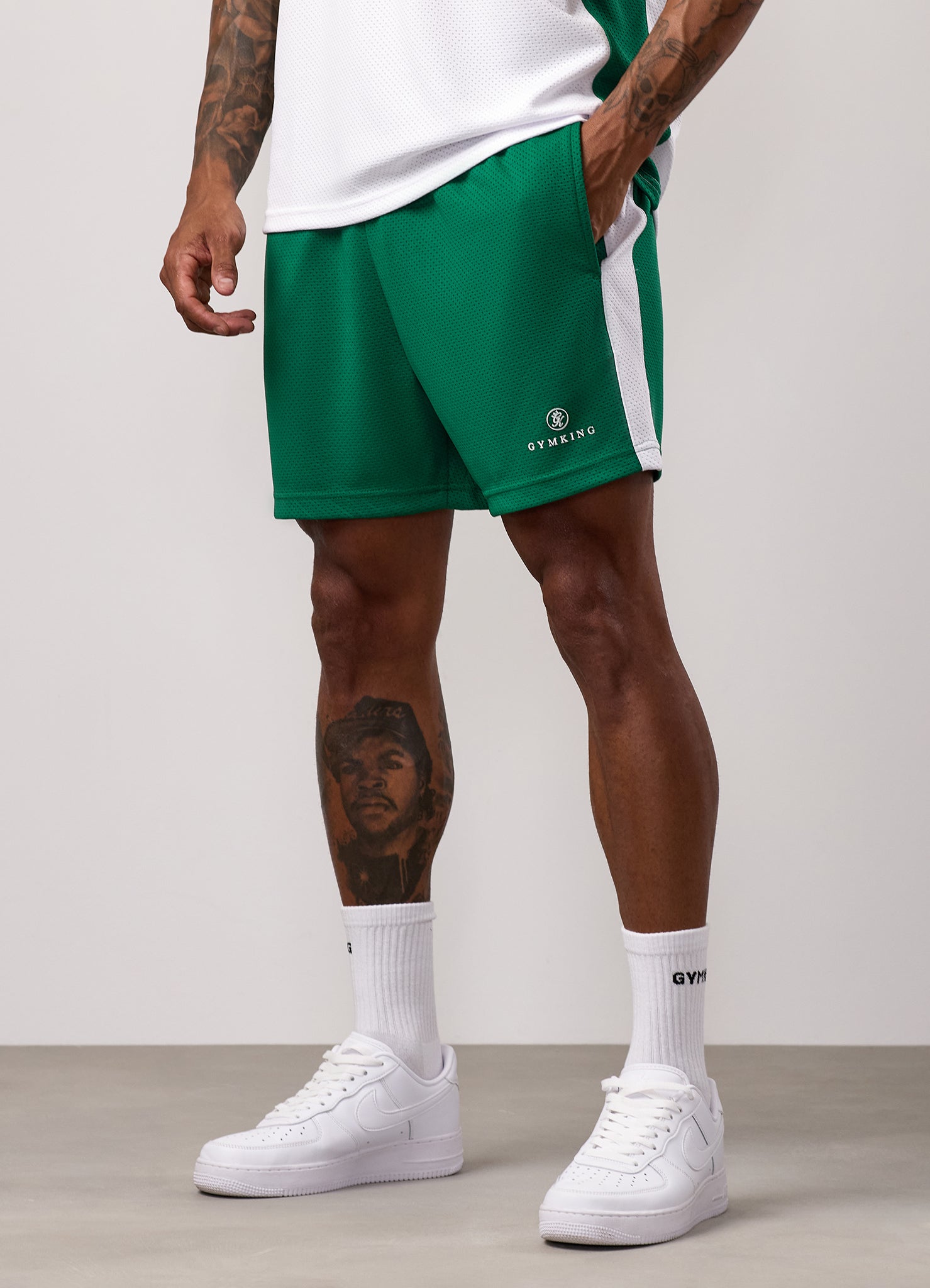 Gym King Pro Classic Mesh Short - White/Bottle Green