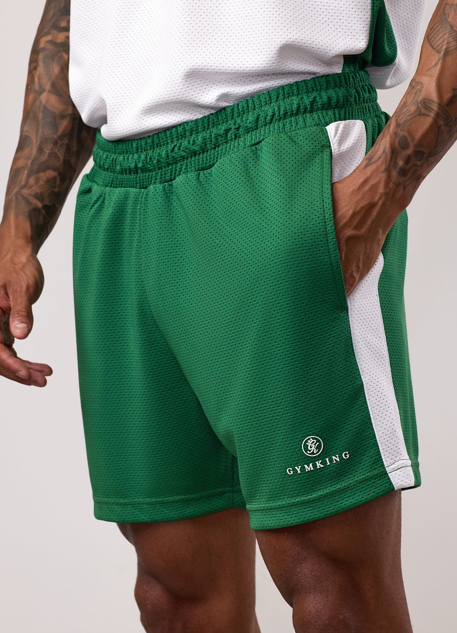 Gym King Pro Classic Mesh Short - White/Bottle Green