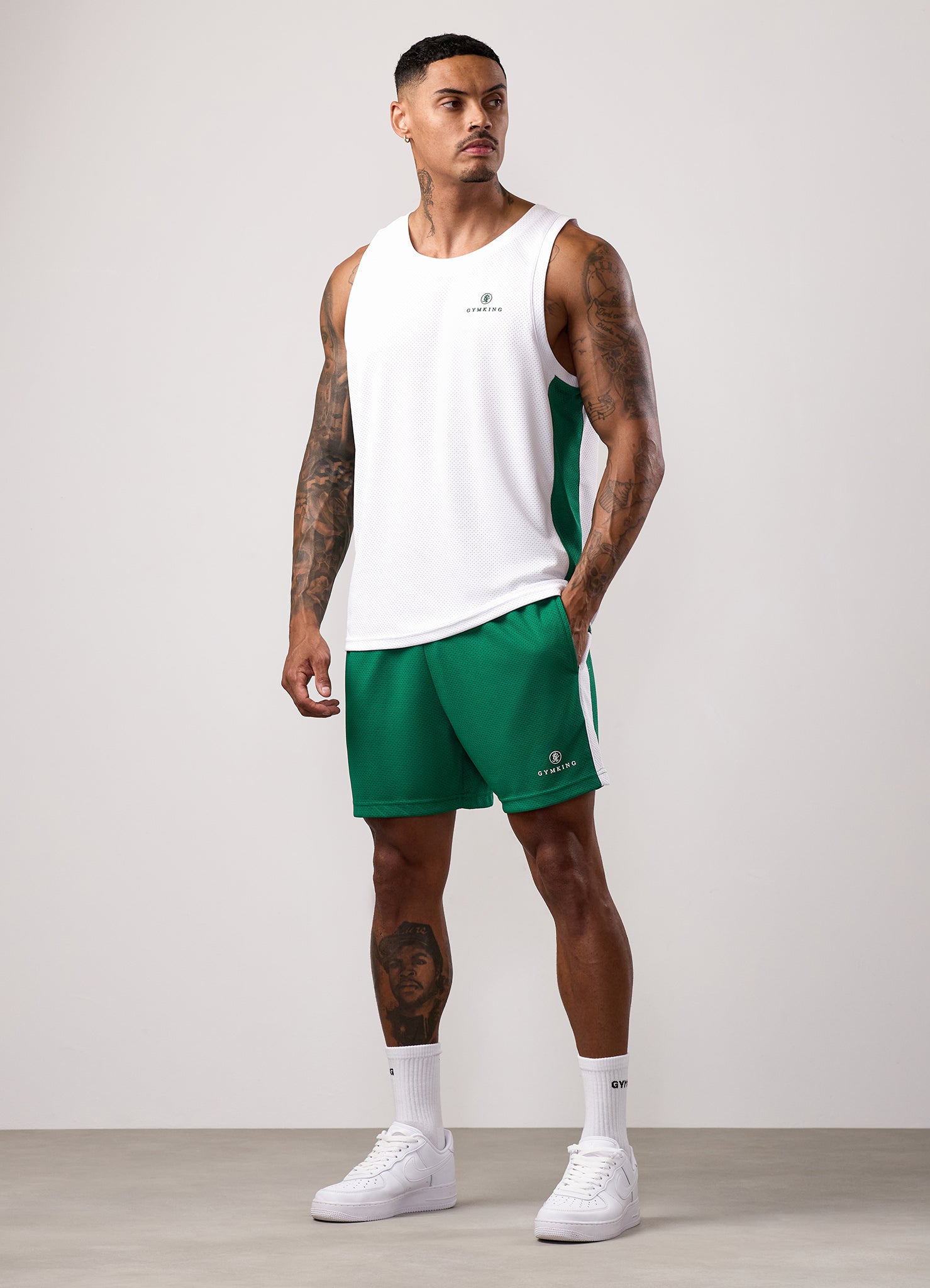 Gym King Pro Classic Mesh Short - White/Bottle Green
