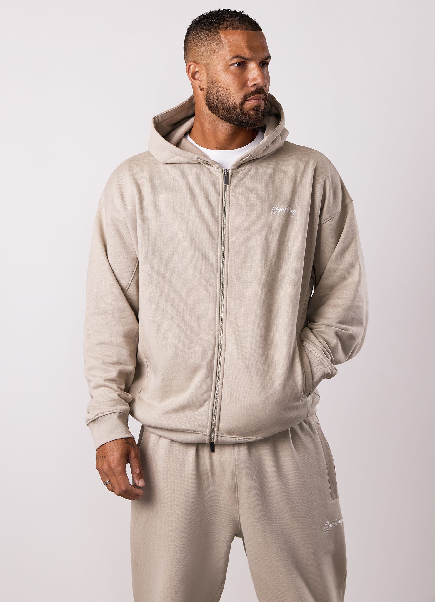Gym King Script Relaxed Fit Full Zip Hood - Light Sand