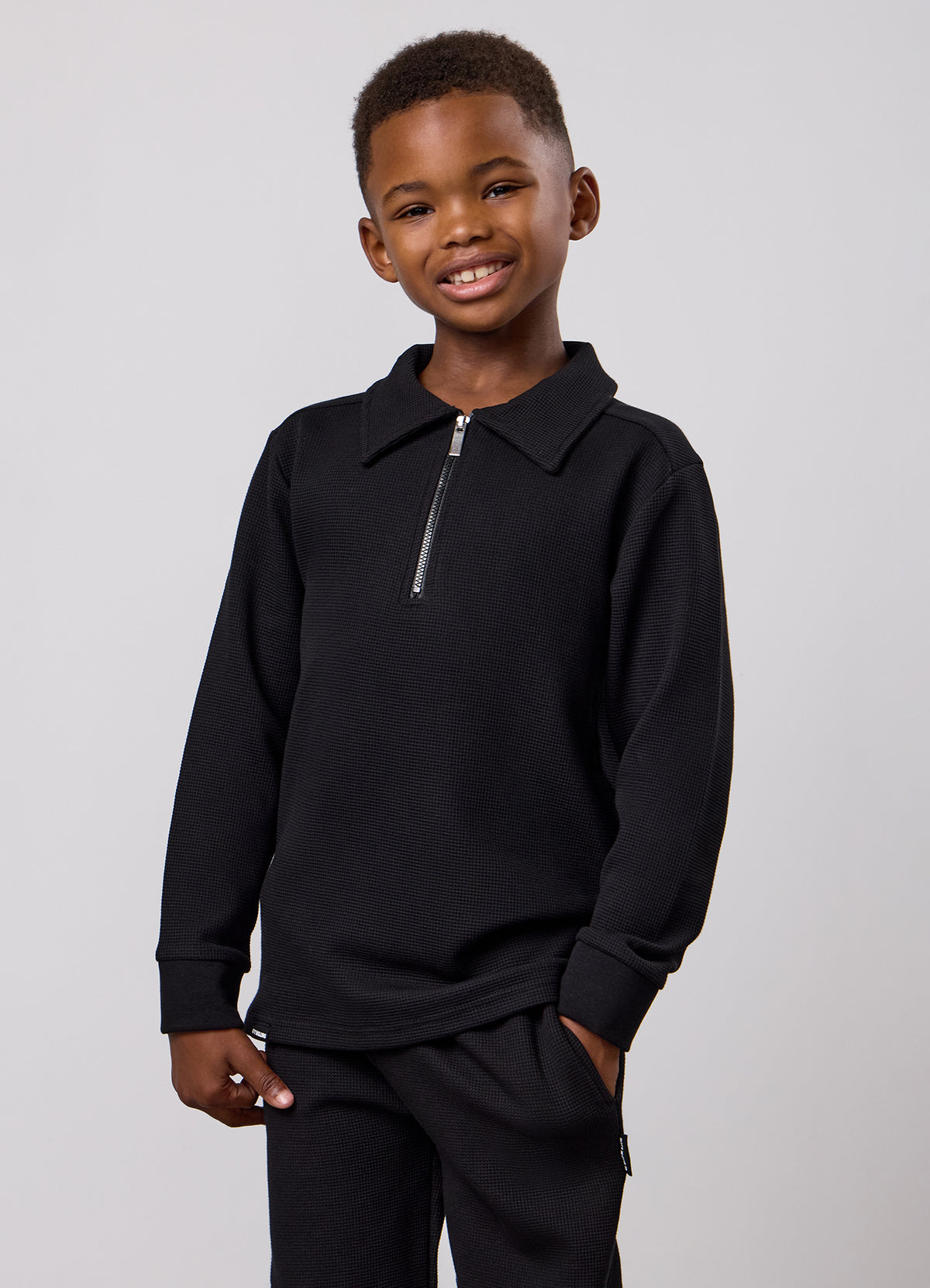 Gym King Older Kids Waffle Long Sleeve Polo - Black