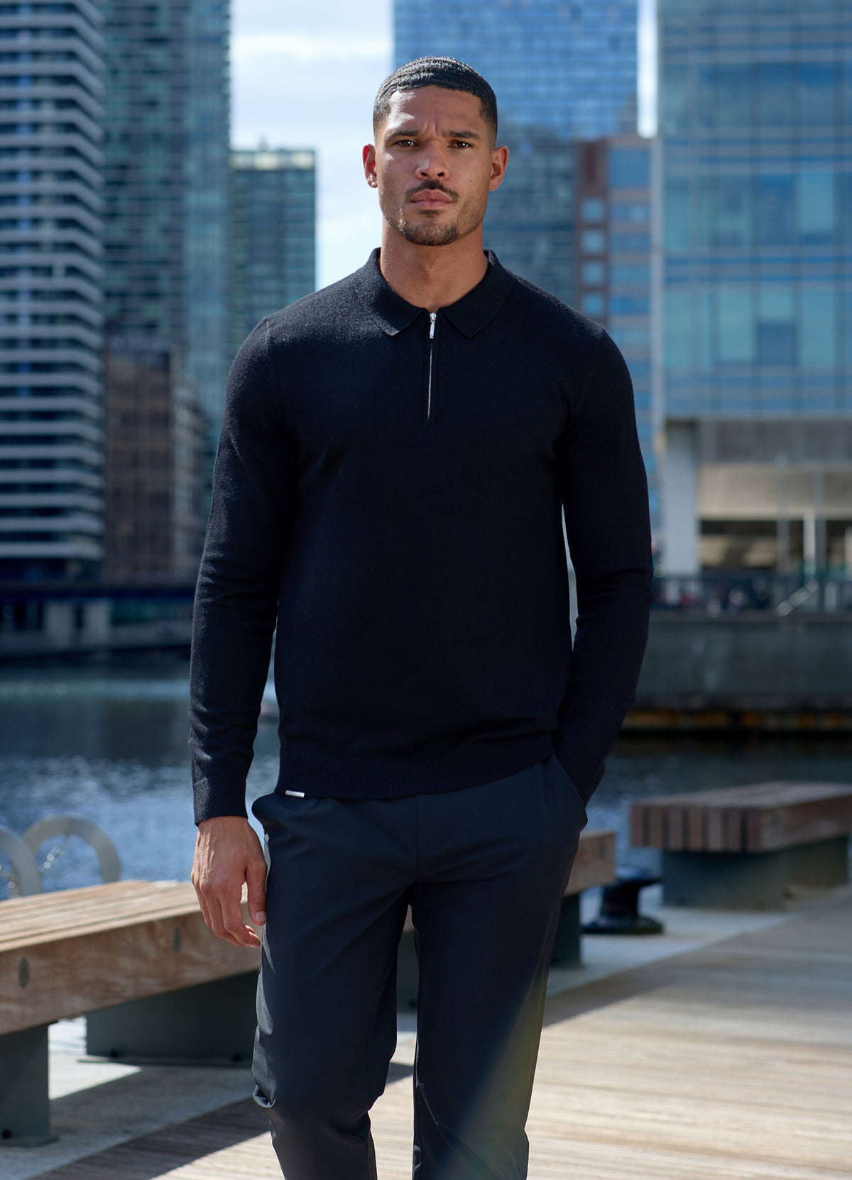 Gym King Signature Gebreide polo met lange mouwen - marineblauw