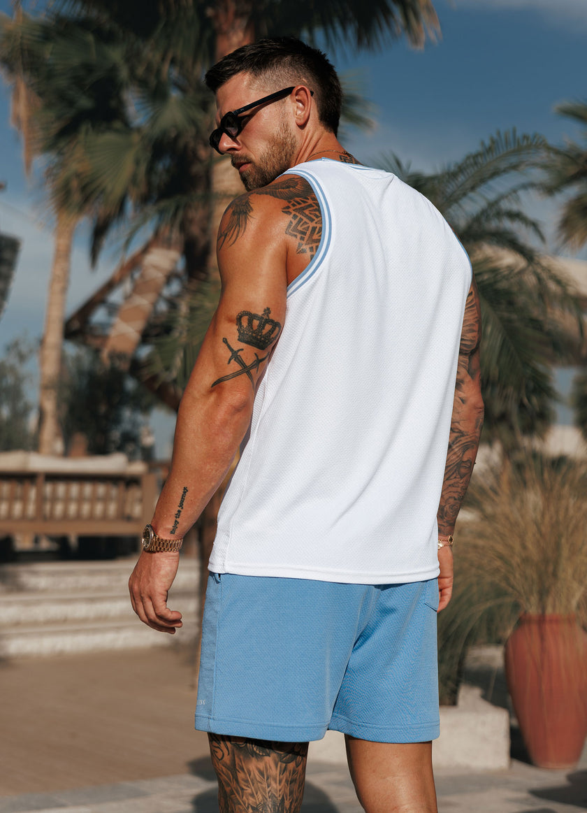Gym King Brooklyn Mesh Vest - White/Provence Blue