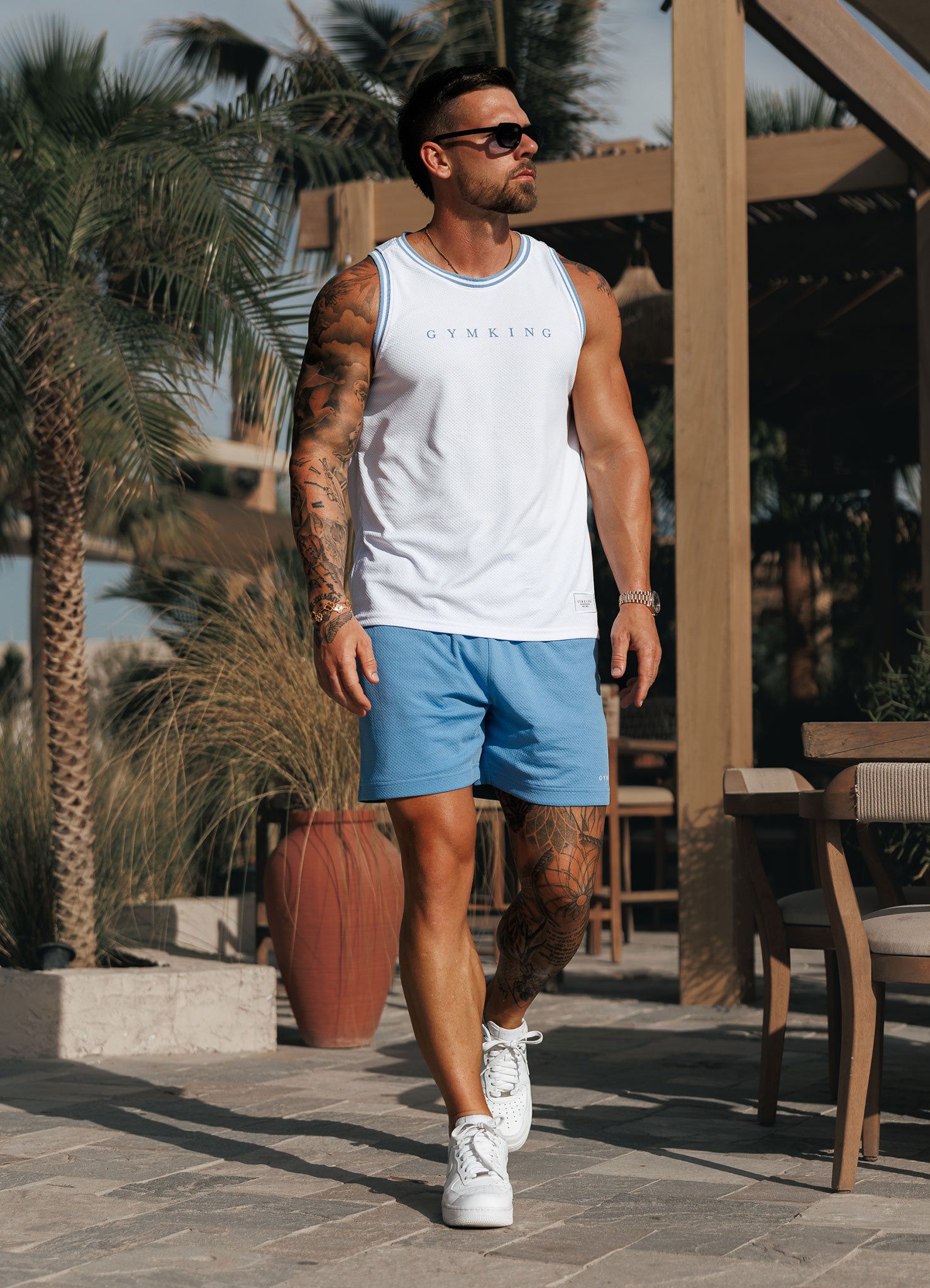 Gym King Brooklyn Mesh Vest - White/Provence Blue