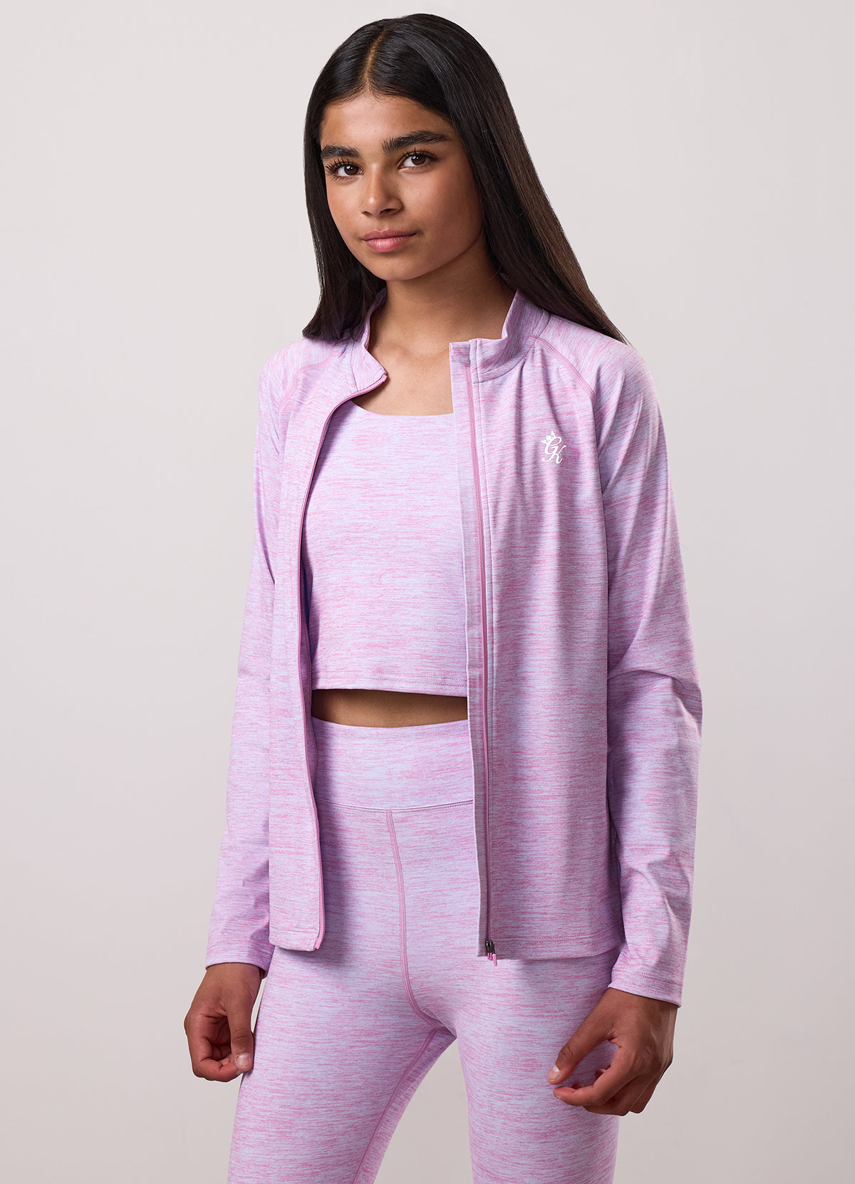 Gym King „Older Kids 365“ Langarm-Sweatshirt mit durchgehendem Reißverschluss und Trichterkragen – Hortensienblau/Bubblegum-Rosa, meliert