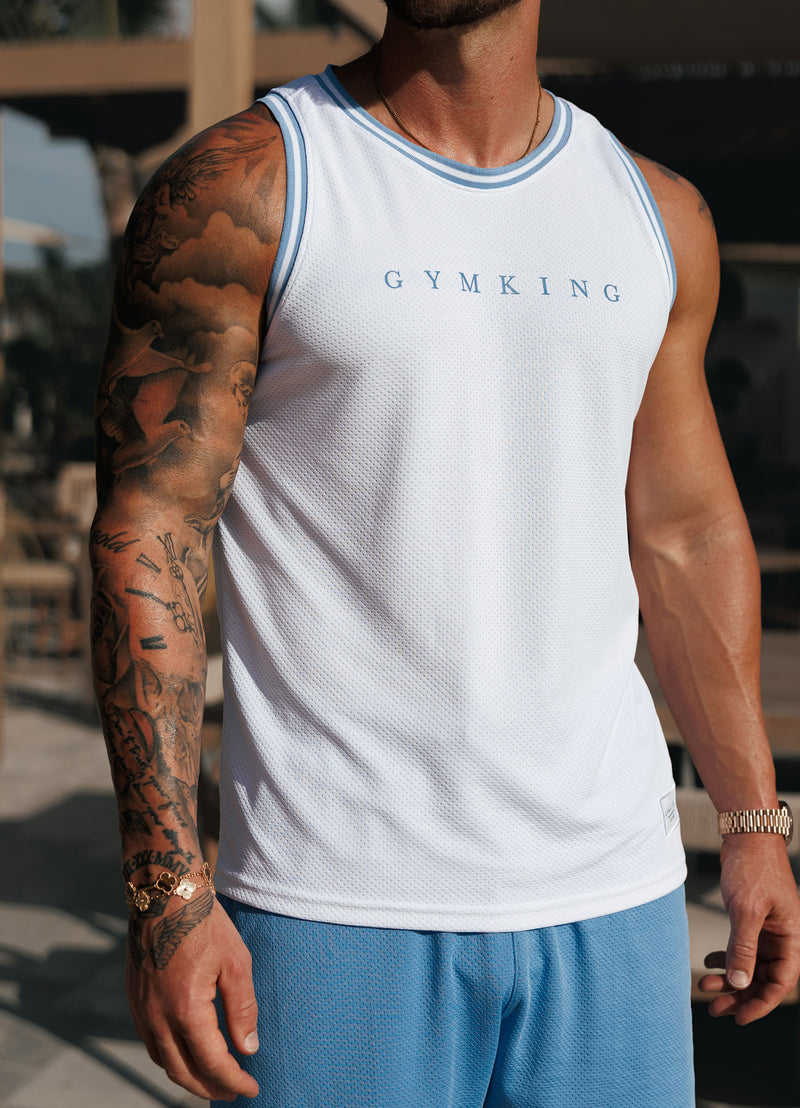 Gym King Brooklyn Mesh Vest - White/Provence Blue