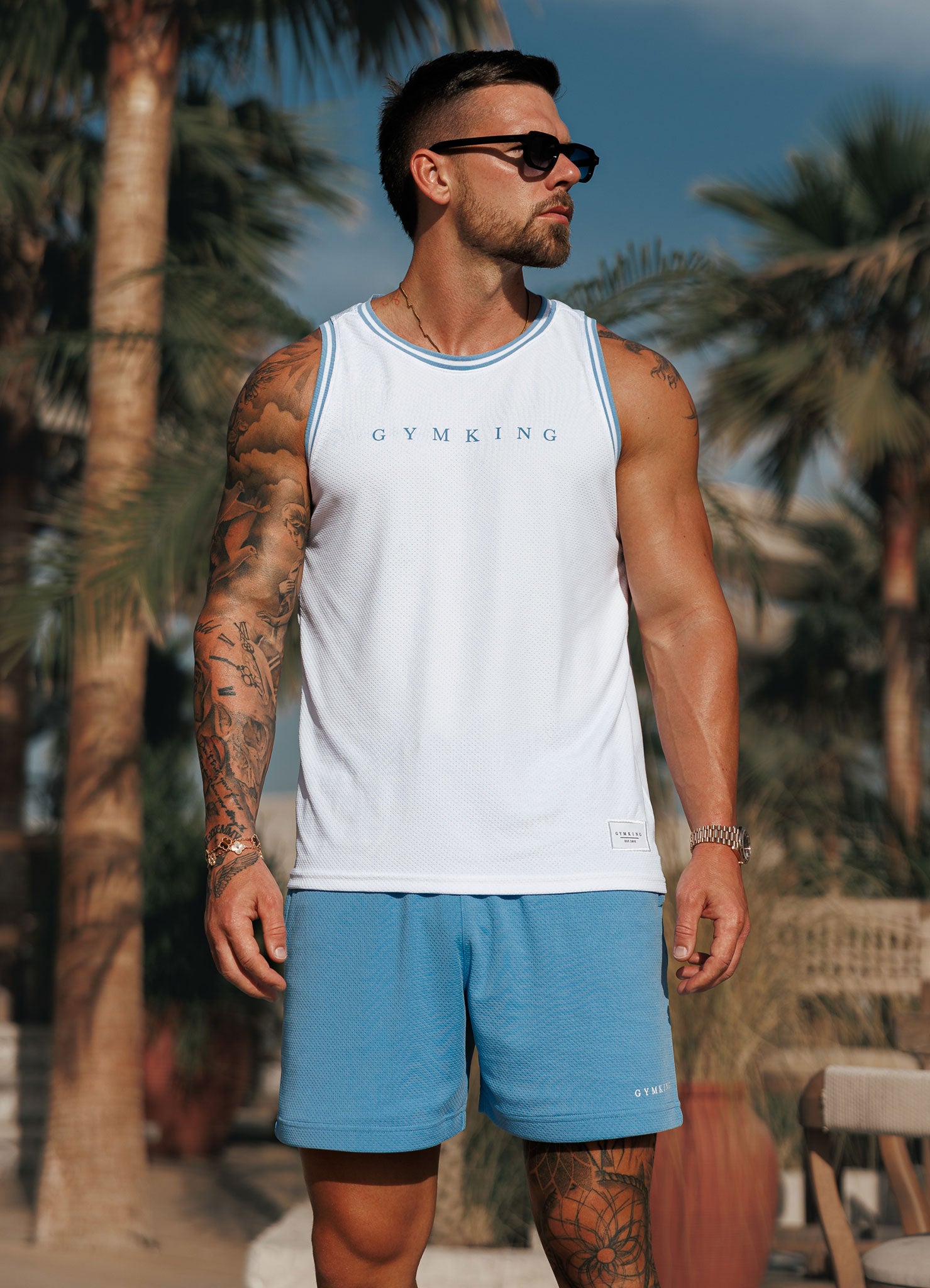 Gym King Brooklyn Mesh Vest - White/Provence Blue