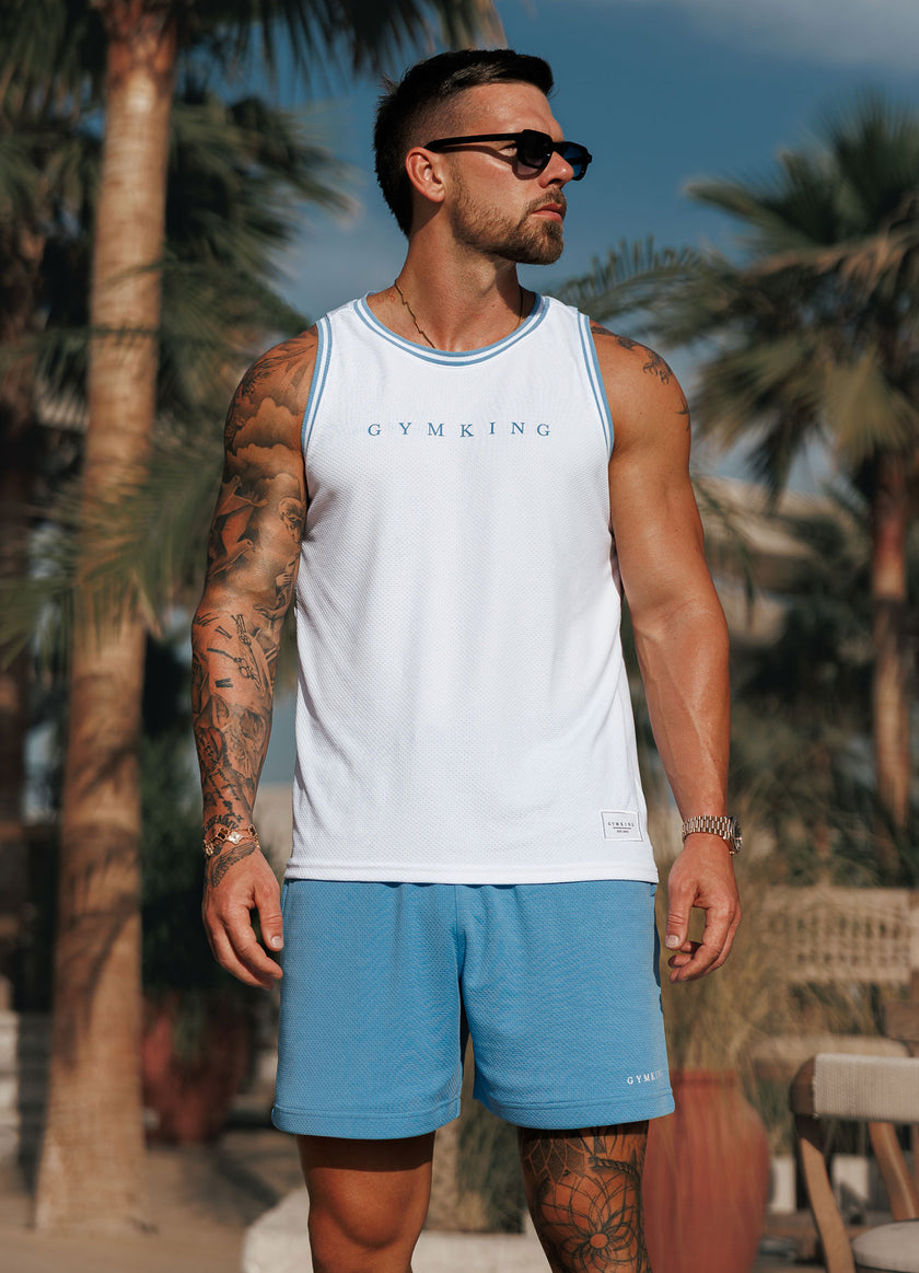 Gym King Brooklyn Mesh Vest - White/Provence Blue