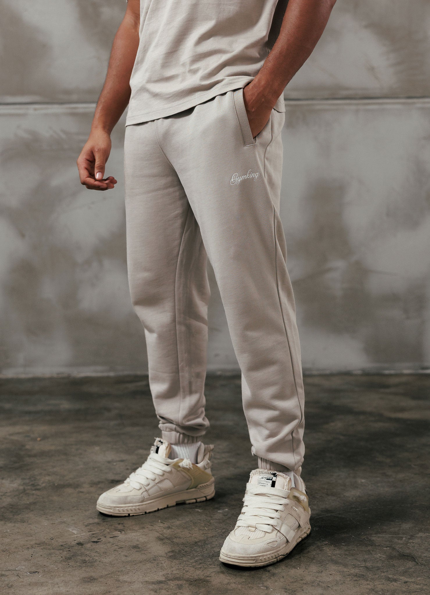 Gym King Script Relaxed Fit Hood Tracksuit - Light Sand