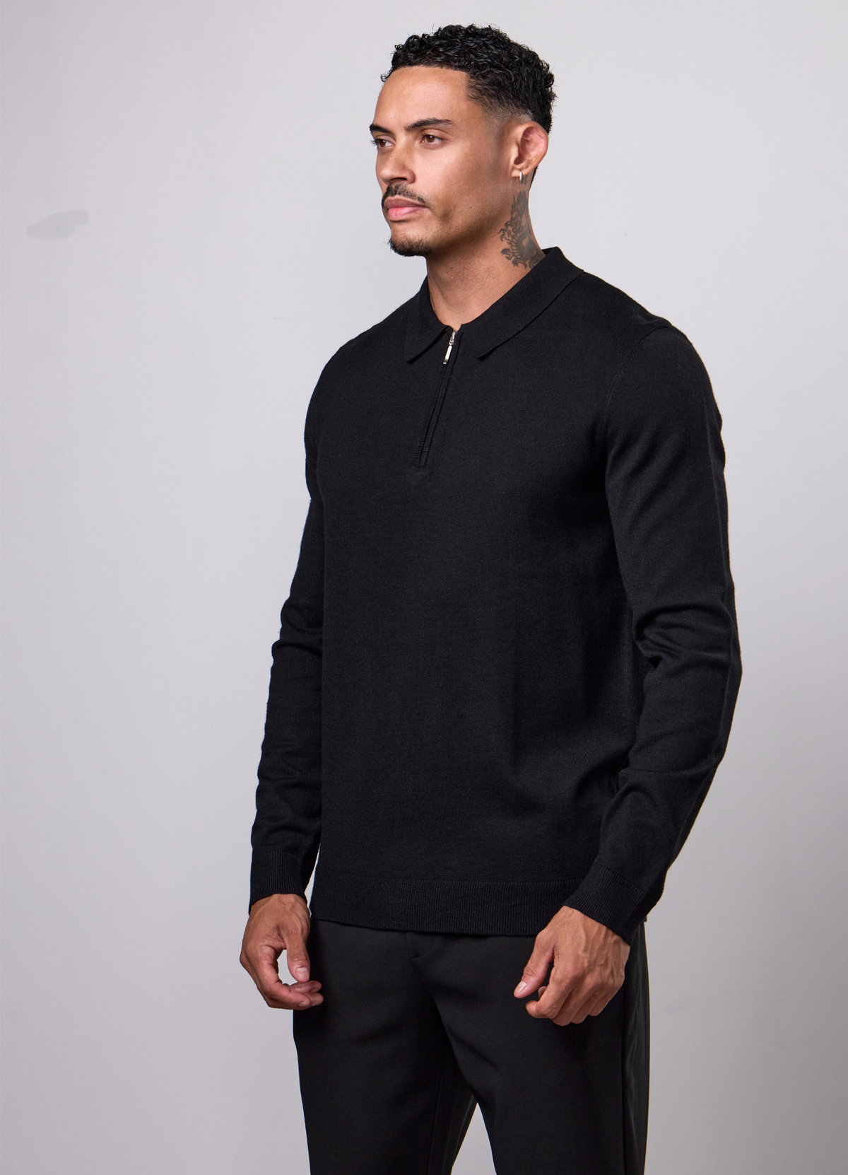 Gym King Signature Strick-Polo mit langen Ärmeln – Schwarz