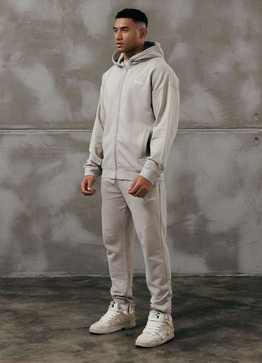 Gym King Script Relaxed Fit Hood Tracksuit - Light Sand