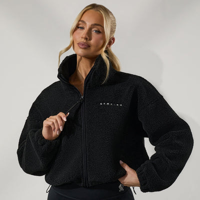 Gym King Linear Cropped Borg Full Zip - Black