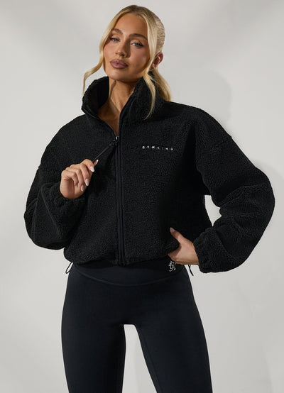 Gym King Linear Cropped Borg Full Zip - Black
