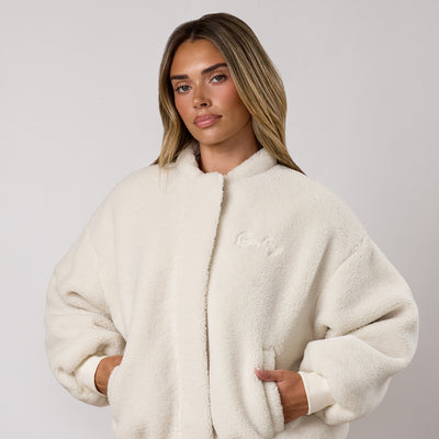 Gym King Fleece Puffer Bomber Jacket - Cream