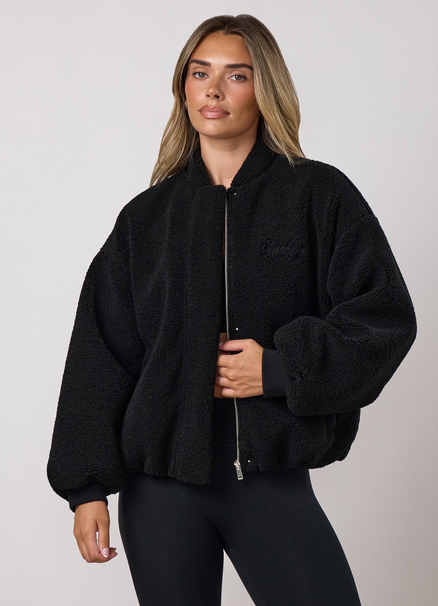 Gym King Fleece Puffer Bomber Jacket - Black