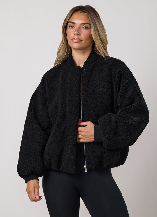 Gym King Fleece Puffer Bomber Jacket - Black