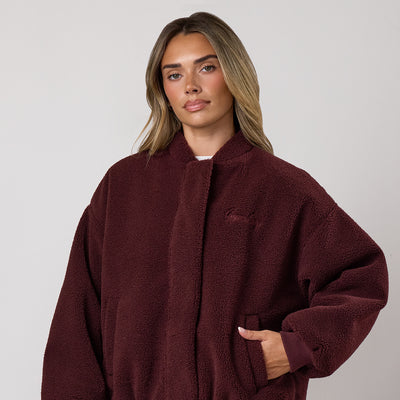 Gym King Fleece Puffer Bomber Jacket - Burnt Fig