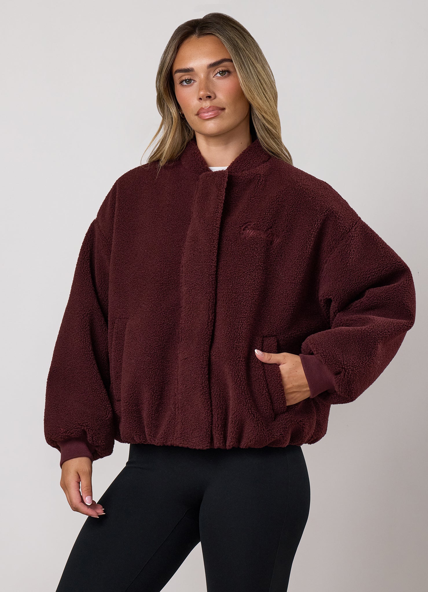 Gym King Fleece Puffer Bomber Jacket - Burnt Fig