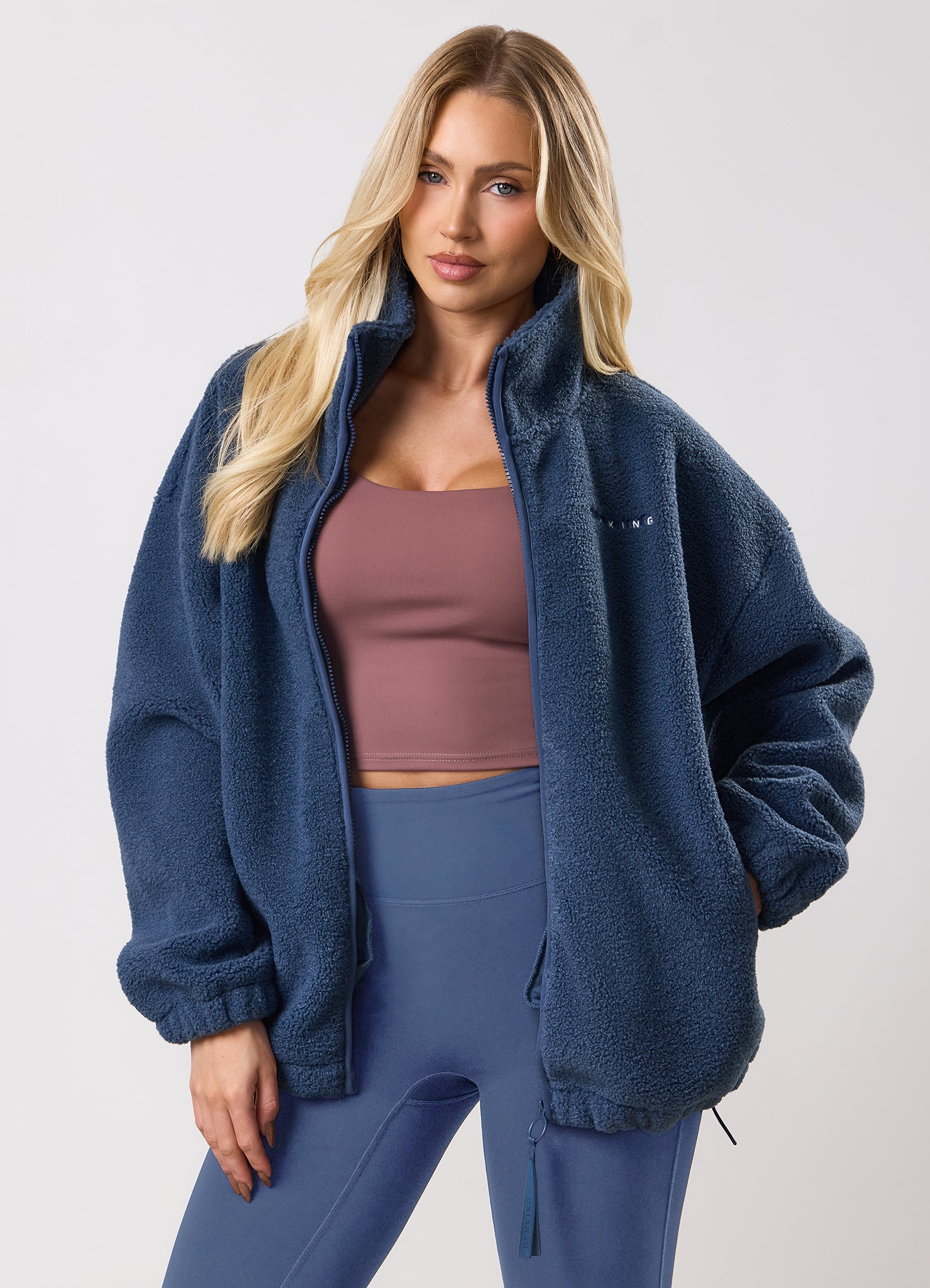 Gym King Long Line Borg Full Zip - Slate Blue