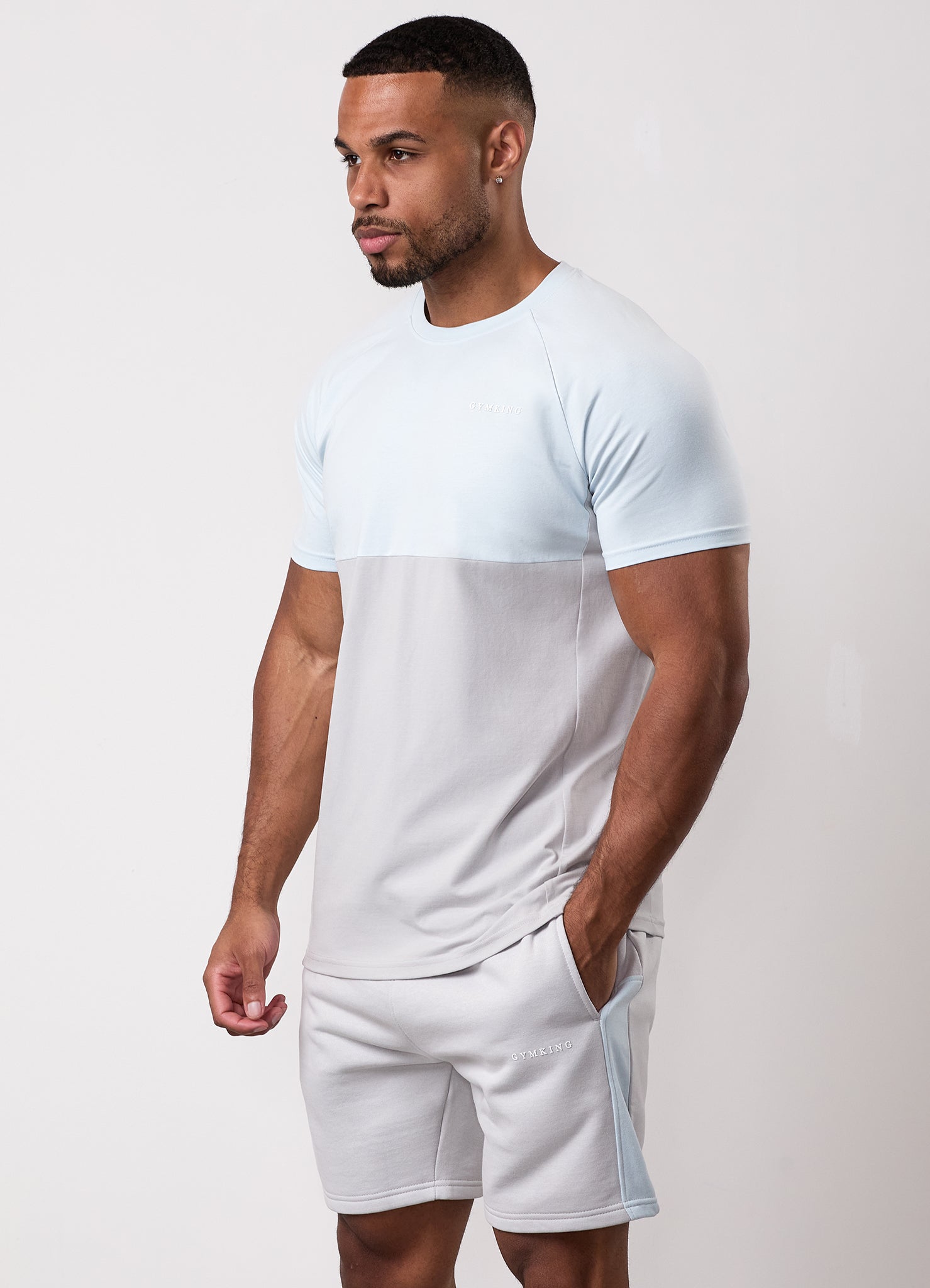 Gym King Contrast Panel Tee - Light Grey/Sky Blue