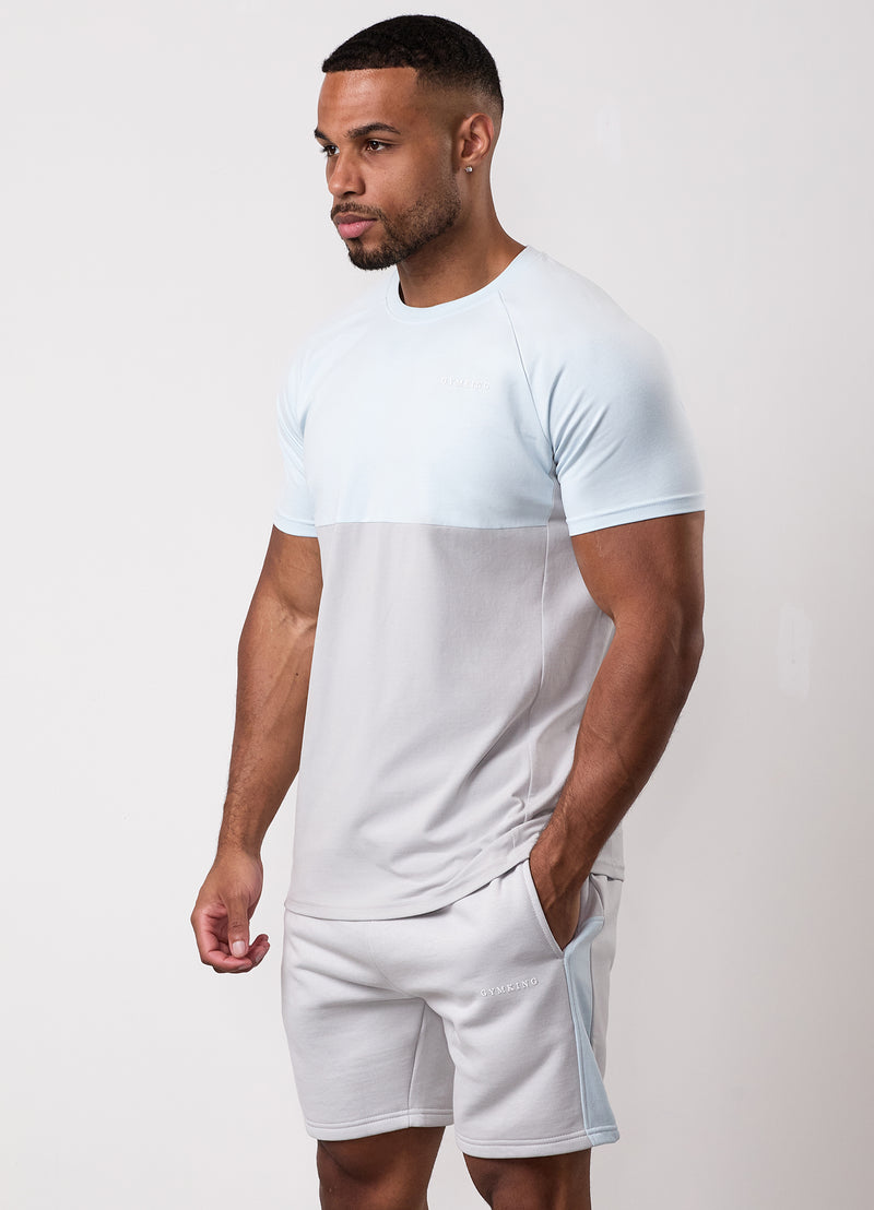 Gym King Contrast Panel Tee - Light Grey/Sky Blue