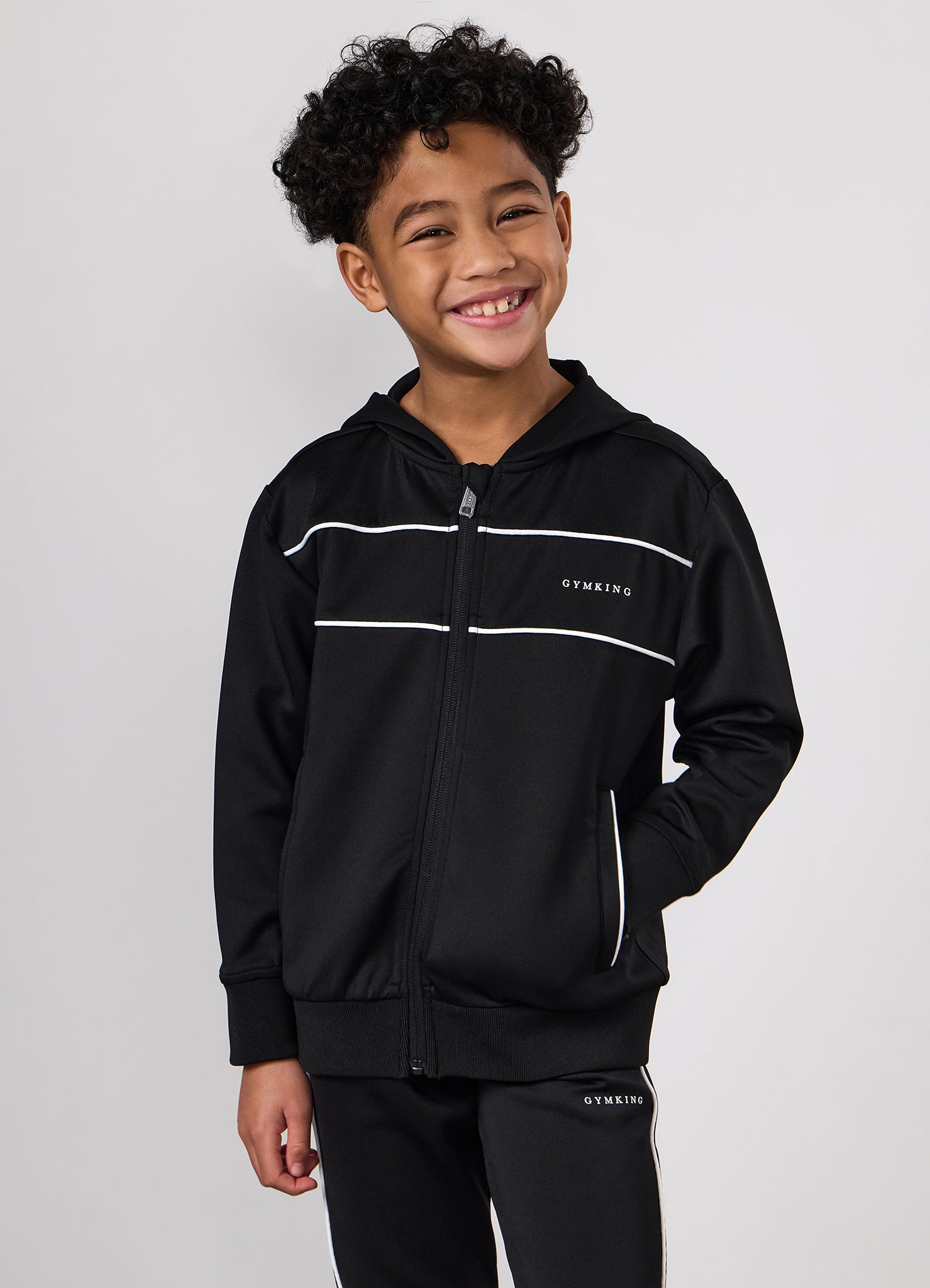 Gym King Kids Core Piped Full Zip Hood Tracksuit - Black