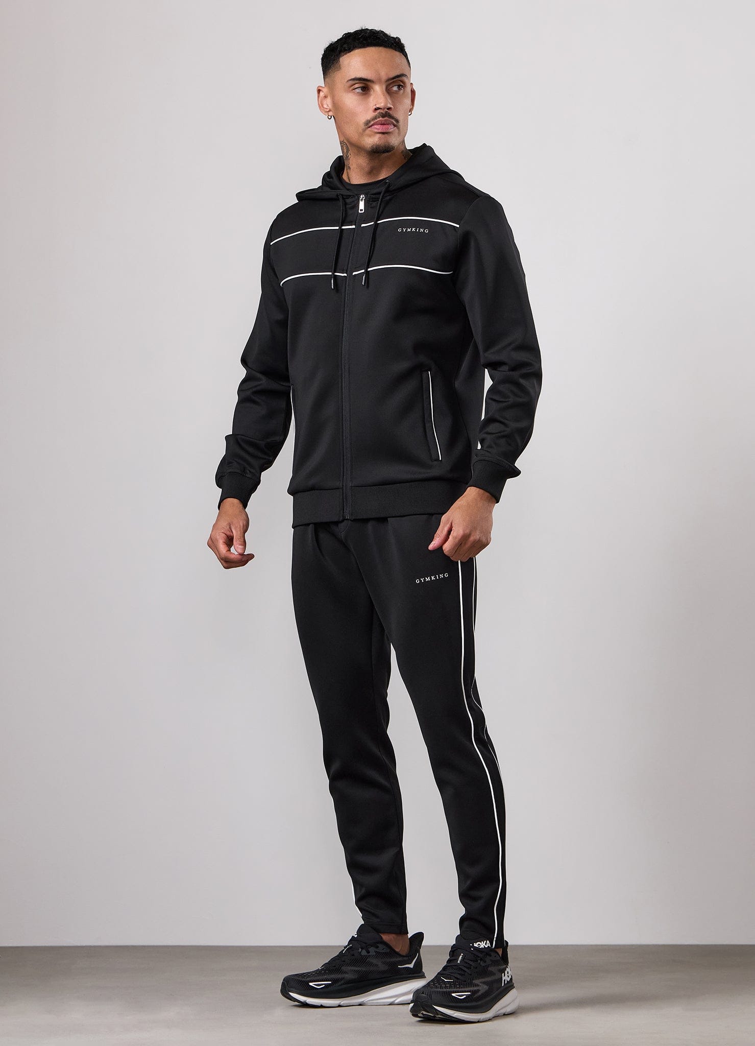 Gym King Core Piped Full Zip Hood Tracksuit - Black