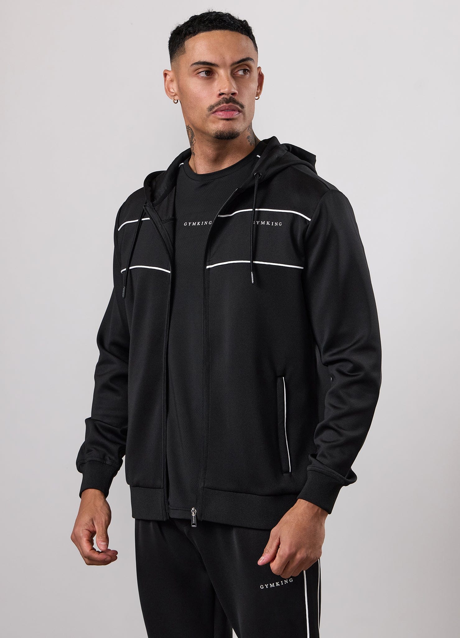 Gym King Core Piped Full Zip Hood Tracksuit - Black