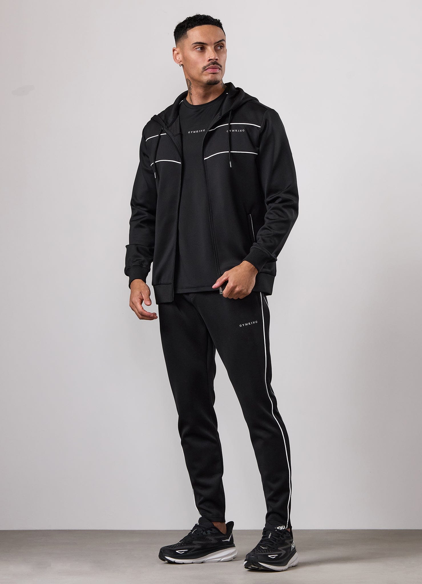 Gym King Core Piped Full Zip Hood Tracksuit - Black