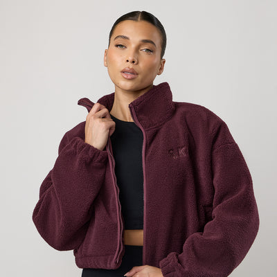 Gym King Cropped Borg Full Zip - Vibrant Fig