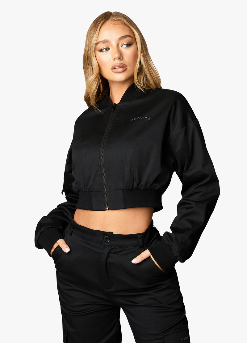 Gym King Cropped Woven Bomber - Black