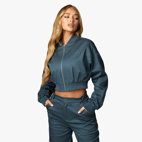 Gym King Cropped Woven Bomber - Storm Blue