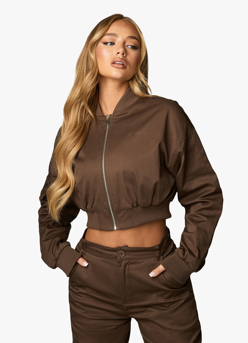 Gym King Cropped Woven Bomber - Chocolate