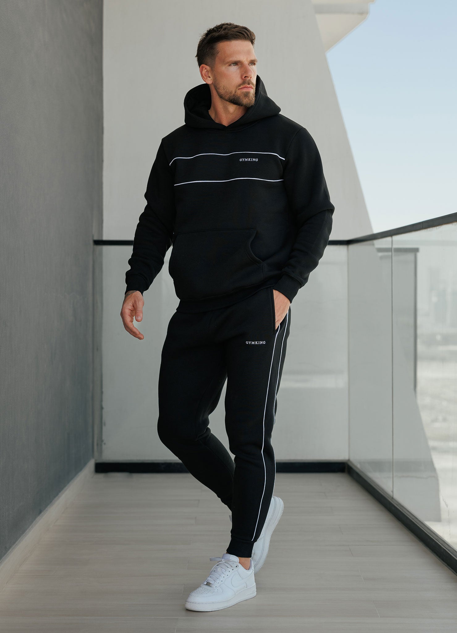 Gym King Core Piped Fleece Hood Tracksuit - Black