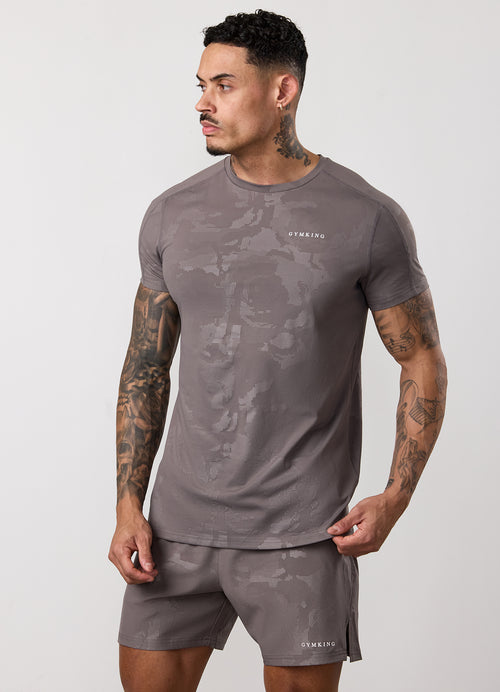 Gym King Debossed Camo T-Shirt - Rustic Taupe