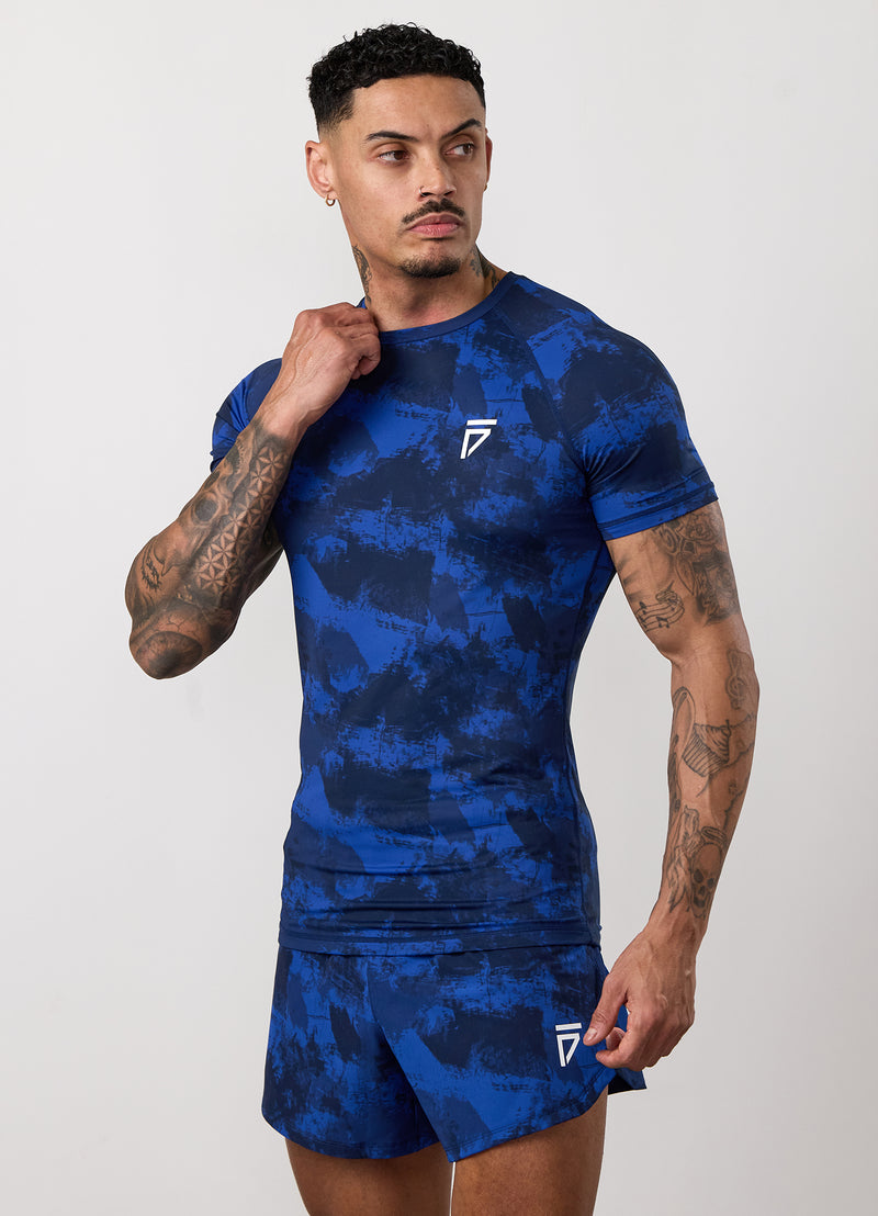 Gym King Fight Division Combat Short Sleeve Rash Guard - Blue Abstract Print