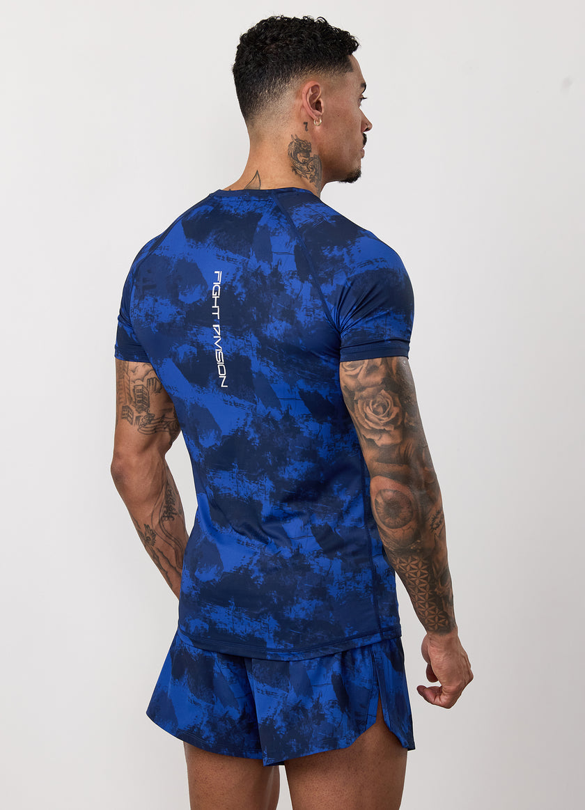 Gym King Fight Division Combat Short Sleeve Rash Guard - Blue Abstract Print