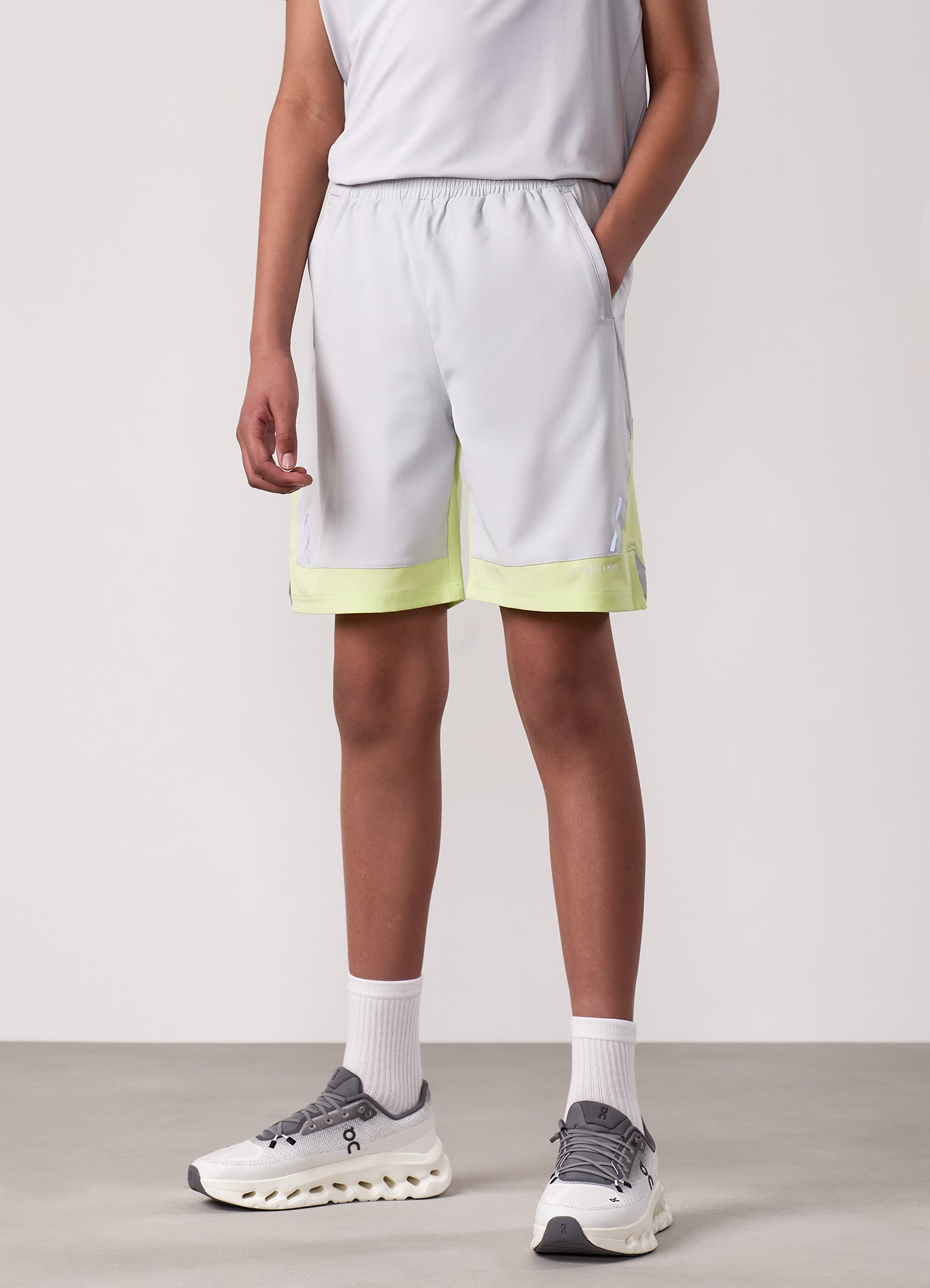 Gym King Kids Advance Tracksuit Top and Shorts - Light Grey/Limelight