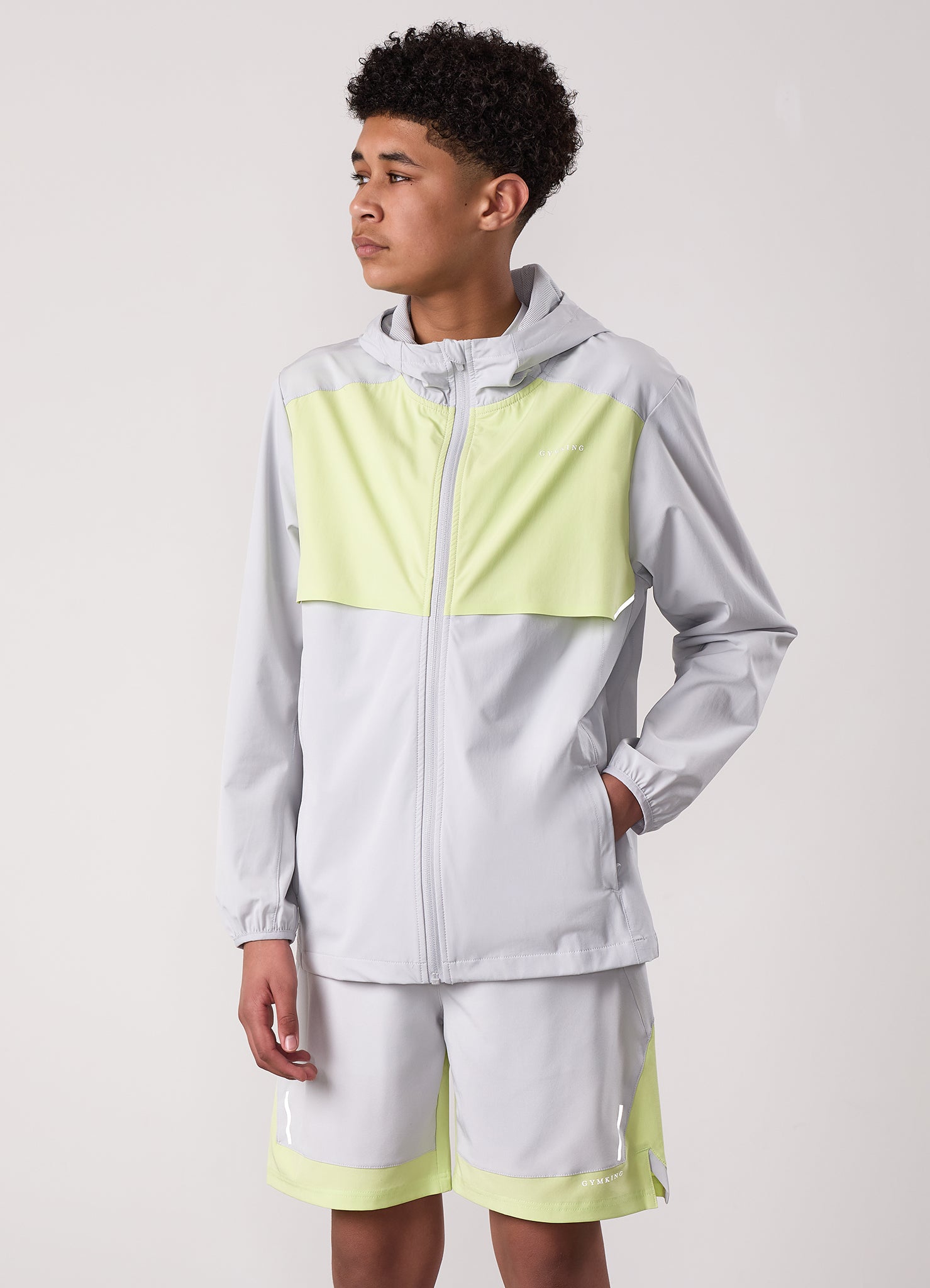 Gym King Kids Advance Tracksuit Top and Shorts - Light Grey/Limelight