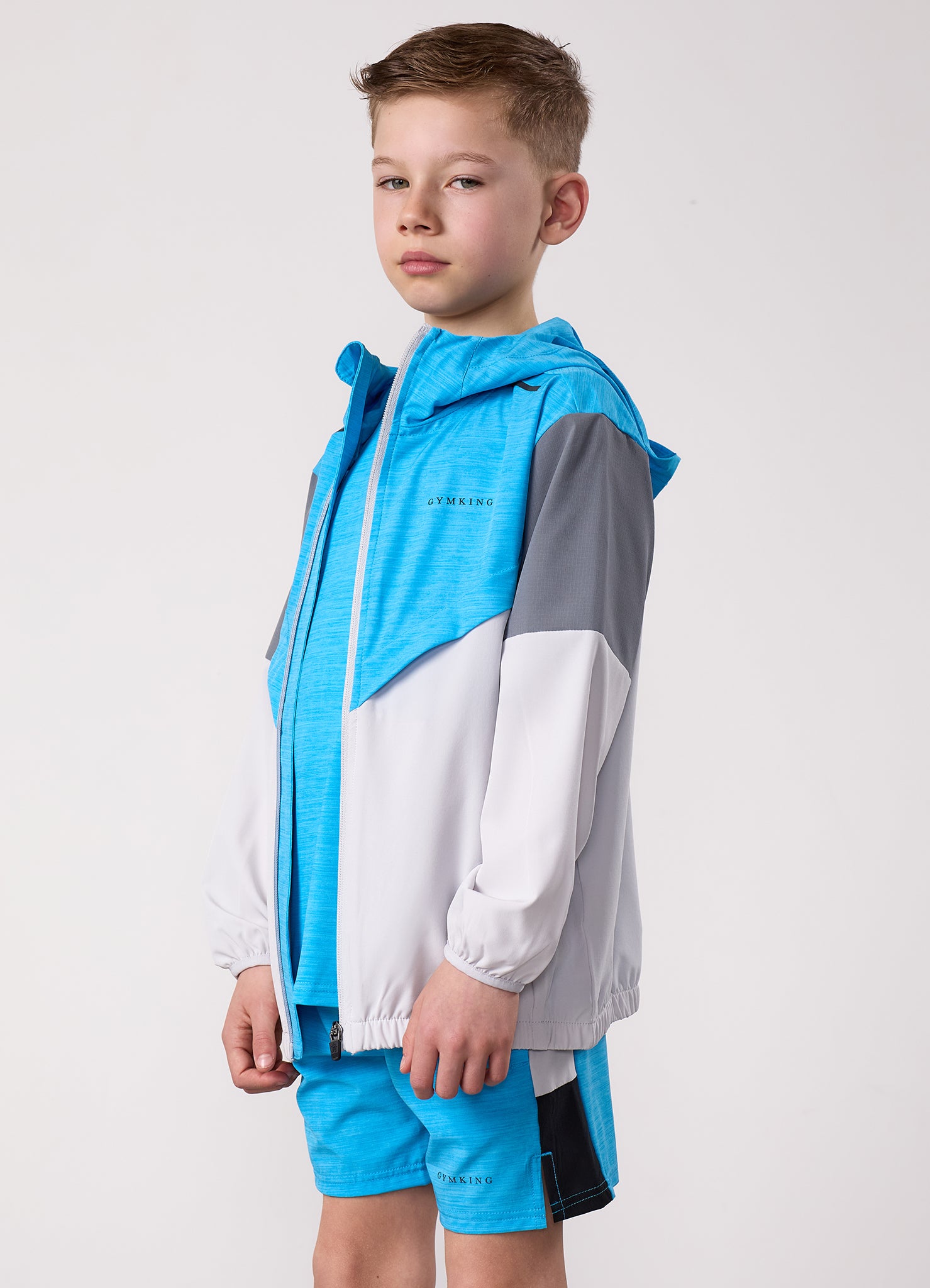 Gym King Kids Vision Tracksuit Top and Shorts - Light Grey/Portofino Blue